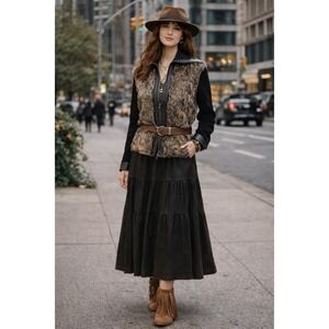 Coachella Boho City Chic Glam Career Black Leather Chenille Brown Fur L Jacket